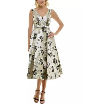 Women's Floral Jacquard V-Neck Belted Dress
