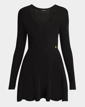 Balmain | Plunging Long-Sleeve Rib Knit Mini Dress