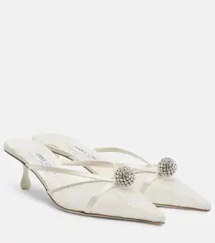 Jimmy Choo | Sana embellished leather-trimmed lace mules