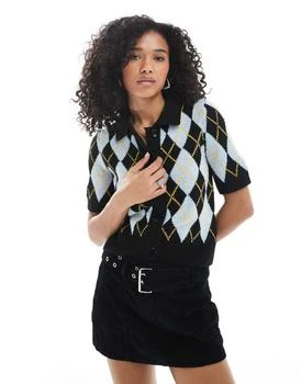 Vero Moda short sleeve polo neck cardigan in blue argyle print