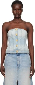Balmain | Blue Buttoned Denim Corset Top