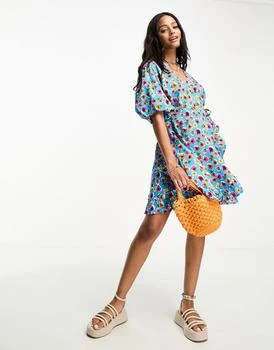 Influence Influence wrap front mini dress in blue floral print