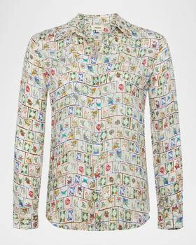 Nina Mahjong Button-Front Silk Blouse