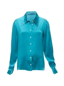 Gucci Tom Ford 1995 Vintage Teal Blue Silk Blend Long Sleeve Wide Collar Dress Shirt Madonna