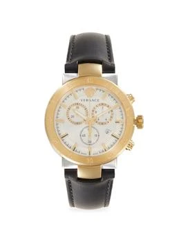 Versace | 43MM IP Two Tone Stainless Steel 
Leather Strap Chronograph Watch