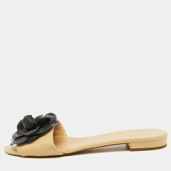 Chanel | Chanel Beige Leather CC Camellia Flat Slide Sandals Size 39