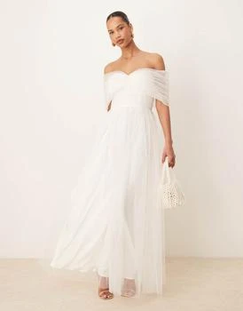 Lace & Beads bow off shoulder tulle maxi dress in ivory