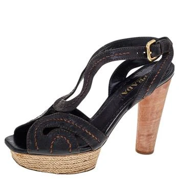 Prada | Prada Brown Leather Espadrille Platform Wooden Heel Ankle Sandals Size 40