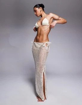 South Beach silver sequin cut out beach maxi skirt in cream