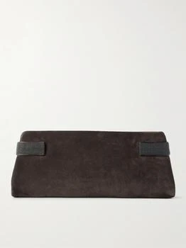 Brunello Cucinelli | Bead-embellished Leather-trimmed Suede Clutch - Dark brown
