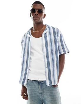 Hollister short sleeve crochet contrast stripe shirt in blue stripe