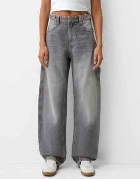 Bershka adjustable balloon fit carpenter jeans in light grey