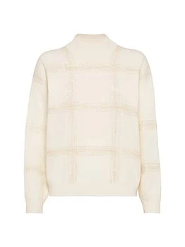 Brunello Cucinelli | Virgin Wool, Cashmere and Silk Mock Neck Sweater with Dazzling Checks Embroidery