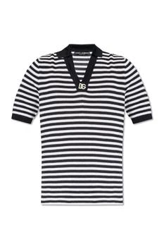 Dolce & Gabbana | Dolce & Gabbana DG Logo Embroidered Striped V-Neck Polo Shirt