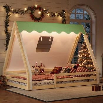 Streamdale Furniture Streamdale Full Size House Floor Bed with Tent and Light, Solid Wood Teepee Design