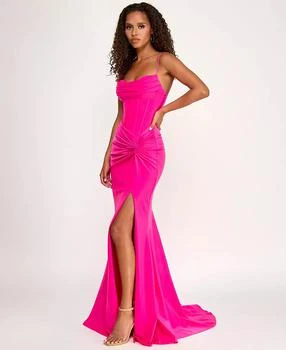 Juniors Drape Neck Shiny Knit Gown with Corset Bodice and Knot Skirt Detail
