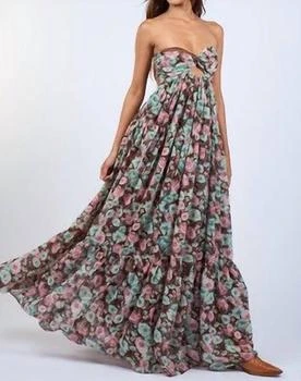 Floral Flowy Strapless Maxi Dress In Brown