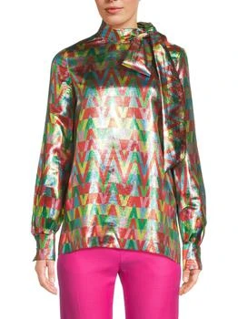 Valentino | Metallic Chevron Silk-Blend Bow Blouse