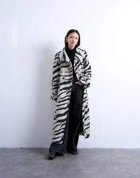Topshop zebra print funnel neck trench coat in black