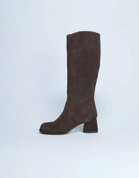 Topshop Thea real suede knee high block heel boot in chocolate