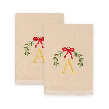 Linum Home Christmas Mistletoe Monogram Beige Embroidered Luxury Turkish Cotton Hand Towels, 2 Piece Set