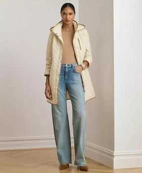 Womens Hooded Quilted Faux-Suede-Trim Coat