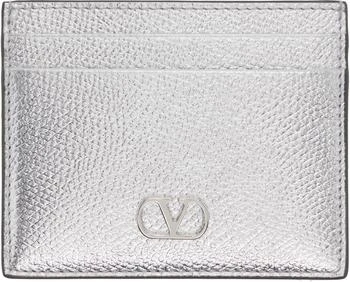 Valentino Silver VLogo Signature Laminated Grainy Calfskin Card Holder