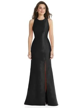 Jewel Neck Bowed Open-Back Trumpet Dress with Front Slit