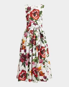 Dolce & Gabbana | Anemone Floral Pleated Popeline Midi Dress With Belt